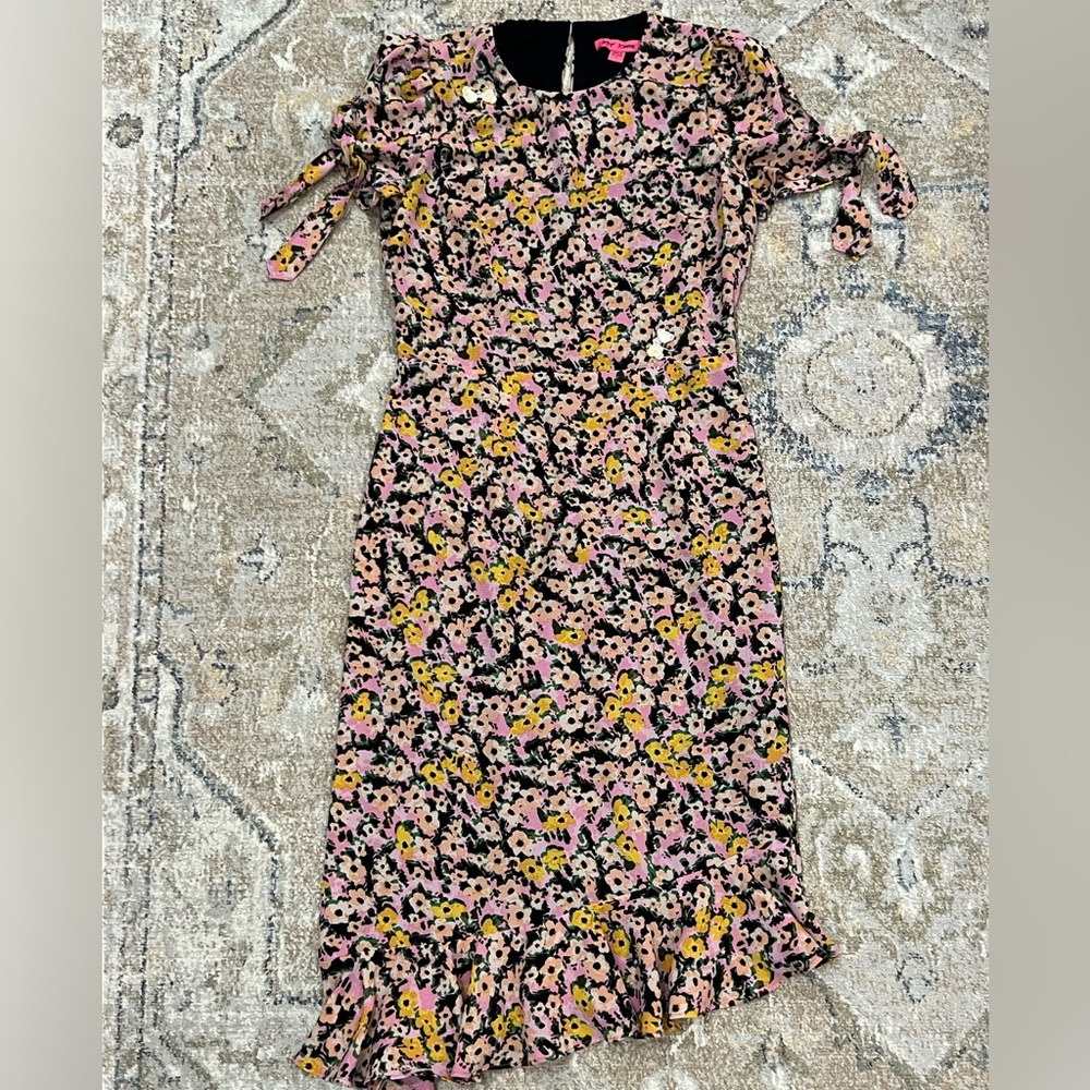 Betsey Johnson | Spring Beaded Floral Bee Midi Ruffle Dress Tie Sleeve 4